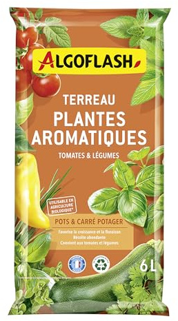 Algoflash Terreau Plantes aromatiques, Tomates et Légumes en Pot, Utilisable en Agriculture Biologique - 6L