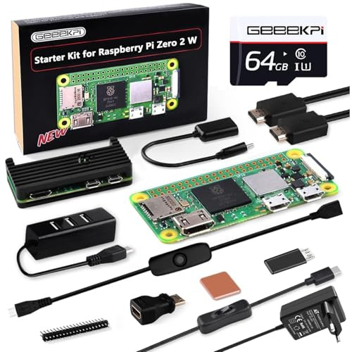 GeeekPi Raspberry Pi Zero 2 W Starter Kit with RPi Zero 2 W Aluminum Case,64GB SD Card Preloaded OS, QC3.0 Power Supply,20 Pin Header,Micro USB to OTG Adapter,HDMI Cable,Heatsink,ON/OFF Switch Cable
