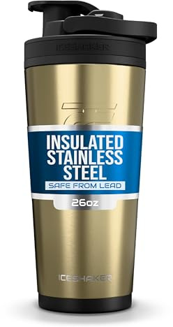 Ice Shaker Isolierte Edelstahl-Shaker-Flasche | 26oz (ca. 770ml), Gold | Kalt für 30+ Stunden | Isolierter Becher mit aufschraubbarem Rührwerk | Geruchsfreie Flasche für Protein-Shakes, Wasser