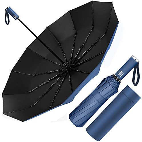 Paraguas Plegable Automático, Paraguas Plegable Antiviento, Paraguas Grande 12 Varillas para Hombres Mujer, Diámetro 105cm (Azul)