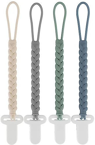 4-Pack Silicone Pacifier Clips with a Woven Rope Shape for Baby Boys and Girls - Flexible and Rust-Free Holders for Teething Relief and Baby Essentials, Safe for Newborns (Grey)