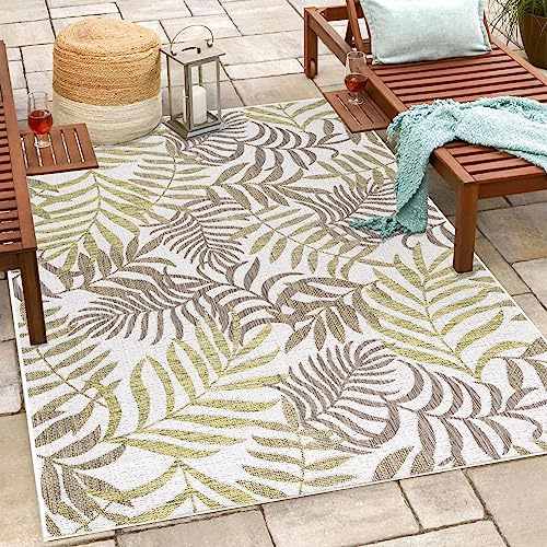 Teppium Outdoor Teppich Wetterfest 300x400 (280 x 370 cm) Beige Sisal Optik - Küchenteppich Waschbar, Wasserfest, Palmen Design, Pflegeleicht - Ideal für Balkon, Terassen, Garten, Camping oder Küche