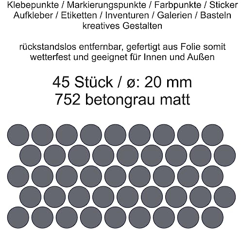 Aufkleber Etiketten Klebepunkte aus Folie 45 Stück grau betongrau matt rund 20 mm selbstklebend farbig wetterfest Decal Markierungen Organisieren DIY basteln verzieren Modellbau Scrapbooking