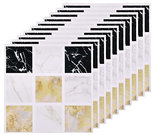 sourcing map Pelar y Pegar Azulejos Salpicaduras Placas, 25 Hojas 3.94x3.94 Impermeable Mosaico Azulejo Pegatinas Autoadhesivo Azulejo Pintado Papel para Hogar, Amarillo+Mármol Blanco