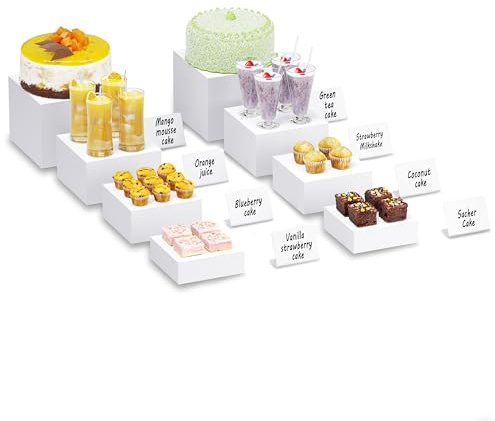 Buffet Risers with Mini Signs, Food Risers for Buffet Table, Display Stand for Catering Dessert, White Acrylic Cube Boxes Nesting Risers with Hollow Bottoms (White, 2 Set (6, 6.5, 7, 8''))