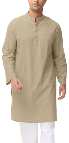 LVCBL Kaftan Herren Langarm Thobe für Männer Baumwolle Leinen Muslimischer Bademantel Thobe M-3XL