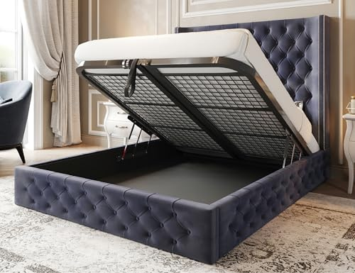 Furnishion Elysia Wingback Ottoman Bed Double 4ft6, Plush Velvet Gas Lift Double Beds Frame with Storage, Luxury Frame with Headboard, Space Saving Ottoman Bed for Stylish Bedrooms in Steel Plush