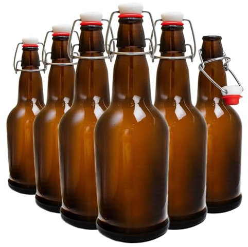 ELAORY Swing Top Glass Bottles, 6 Pack Flip Top Beer Bottles with Airtight Lids,16 Oz Amber Glass Bottle with Lids, Kombucha Bottles, Beer Bottles for Home Brewing and Wine, Mead, Fermentation