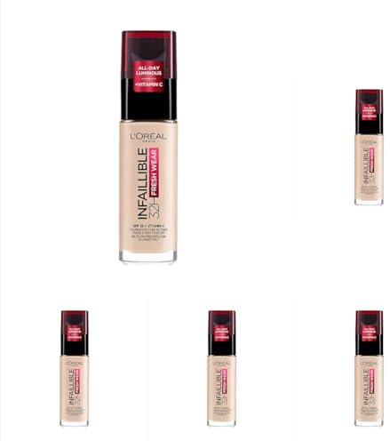 L'Oréal Paris Liquid Foundation, Full Coverage, Lasting Wear, With Vitamin C and SPF 25, Infallible 32H Fresh Wear, 15 Porcelain (Pack of 5)
