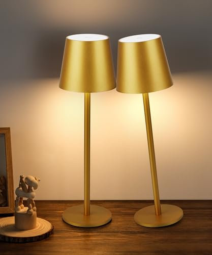 Faithorse Rechargeable Lamp Cordless Table Lamp, 2 Pack Battery Operated Lamps 5200mAh IP54 Waterproof Wireless Lamp with 3-Color Modes Touch Control Night Light for Bedroom(Gold)