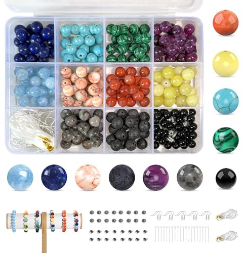 Hengxinchen 210 Stück 11 Sortierte Edelstein Perlen 6mm＆8mm | Mehrfarbig Edelsteine Steinperlen Perlen zum Auffädeln mit 5 Arten Zubehör für Armbänder Erwachsene Schmuck Basteln Auffädeln