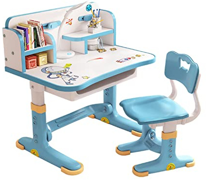 Luojuny Kinder Tisch Stuhl Set, Kinderschreibtisch Höhenverstellbar,Schreibtisch Kinder Mädchen Mädchen & Jungs,Karikatur Kinder Schreibtisch, Kinderschreibtisch Mit Stuhl und Schublade (Blau)