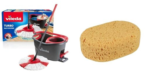 Vileda Turbo Microfibre Mop and Bucket Set, Spin Mop for Cleaning Floors, Set of 1x Mop and 1x Bucket,Grey/Red,48.5 x 27.5 x 28 cm & APA Natura 19630 Car Sponge 18 x 12 x 6.5 cm