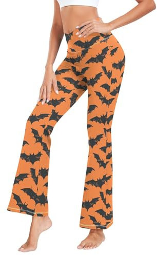 Fustylead Halloween Flying Bats Black Silhouette Damen Kreuz Hohe Taille Stretch Glockenunterteil Flare Yogahose S-XXL, Orange, XL