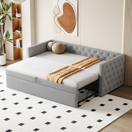 Soweiz Polsterbett Ausziehbares Schlafsofa, 90x200 cm, Klassische Vollform mit Knöpfen, Mit Lattenrost, Multifunktionales Bett-Gästebett, Hautfreundlicher Samtstoff (Ohne Matratze) (Hellgrau)