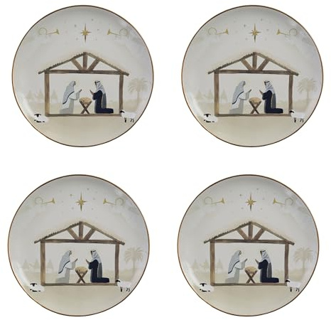 Split P Away In a Manger Salad Plate Set of 4 | Nativity Dinnerware for Dining | Dolomite Winter Appetizer Plates with Artwork & Gold Border | Festive Decorative Table Setting for Holiday Meals