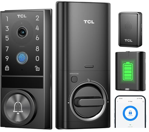 TCL D1 Max Security Video Smart Lock, 3-in-1 2K Camera, Doorbell & Fingerprint Keyless Entry Door Lock, WiFi Smart Door Lock with App Remote Control, PIR Motion Detection, Easy Installation