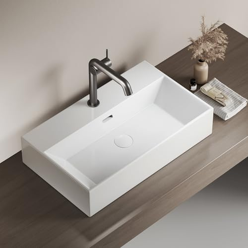 EMKE Vasque à Poser 60x36 cm,Lavabo Rectangulaire Blanc Brillant,Suspendu | Céramique , pour Salle de Bain et WC Invités, avec Trou de Robinetterie (Sans Robinet ni Bonde)