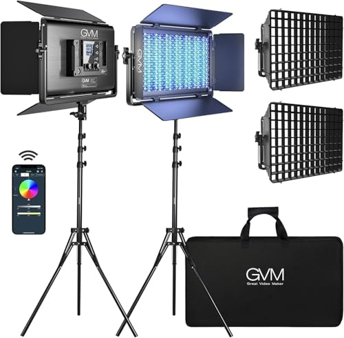 GVM Lot de 2 lampes vidéo LED RVB 1500D avec boîte à lumière, kit d'éclairage de photographie 75 W avec contrôle Bluetooth, support d'éclairage de 200,2 cm pour prise de vue en studio YouTube, 9770
