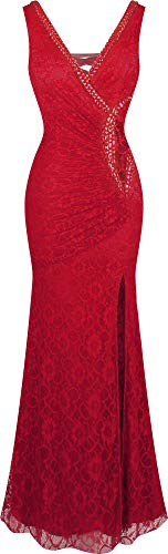 Angel-fashions Women's V Neck Lace Split Ruffled Beading Sheath Dress Red Size 22