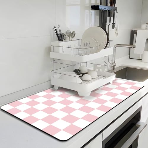 BLESWIN Matta med rutnät, kaffebarmatta, 40 x 60 cm för arbetsplatser, kaffematta med halkfri gummibaksida, absorberande diskställ, rosa och vit