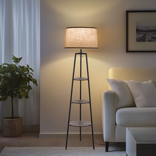 Stehlampe Wohnzimmer Mit Kleinem Regal, Stehlampe Holz RGB Stehleuchte Dimmbar, Stoffschirm Leinen Beige, Vintage Geeignet für Wohnzimmer Schlafzimmer Büro Hotel oder festliche Atmosphäre, Walnut