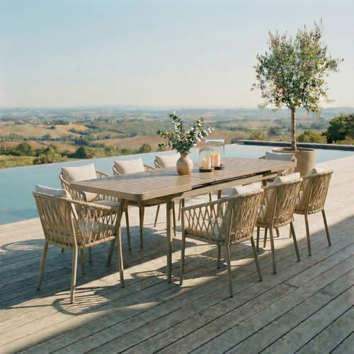 IDIMEX Gartenmöbel Set Sunny mit 1 ausziehbaren Esstisch und 8 Stühlen, Esstisch Gestell aus Alu in Champagner, Seilbespannung der Stühle in beige, Essgruppe inkl. Sitzkissen, Terassenmöbel