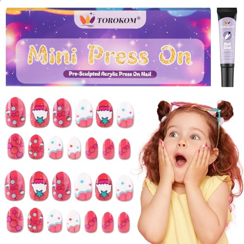 TOROKOM Unghie Finte per Bambine con Colla – 26 Pezzi Unghie Adesive Corte per Bambine – Kit Completo per Compleanno, Feste, Natale (Caramelle rosa)