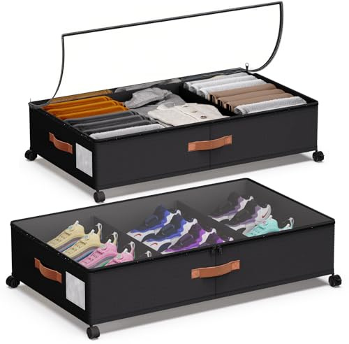 DCET Under Bed Storage 2 Pack 66L, Rolling Containers with Wheels, Heavy Duty Metal Frame, 600D Oxford Fabric, Clear Lid, Adjustable Dividers for Clothes Shoes Blankets, Dorm Space Saving, Black