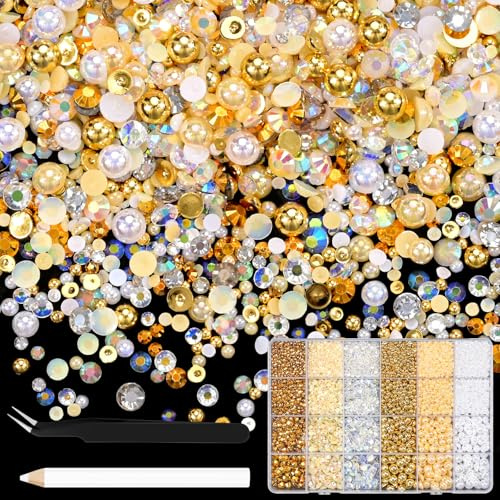 NACHLYNN 10000 Stück Strasssteinen Und Perlen Champagner 3-8mm Bastelperlen Harz Rhinestones Set Kommt mit Schmuckstift und Pinzette Geeignet für Nagelkunst Kleidung Handgefertigte DIY Dekoration