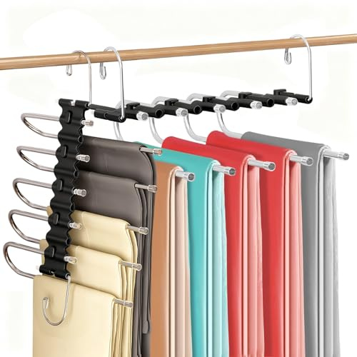 Sudnsadaks 2 Pcs Grucce Pantaloni Salvaspazio, 5 in 1 Pieghevole Acciaio Inossidabile Grucce Appendini Armadio, Antiscivolo Multifunzione Appendiabiti Porta Gruccia Pantaloni per Donne e Uomini