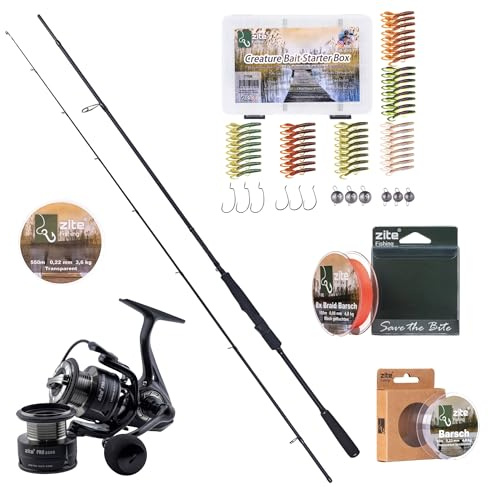 Zite Fishing Inzite Pro Stick Barsch Angelset | 225 cm Spinnrute & Spinnig Reel Pro 2000 | 550m monofile & 8-Fach geflochtene Barsch-Schnur + Vorfachschnur | Creature Bait Set