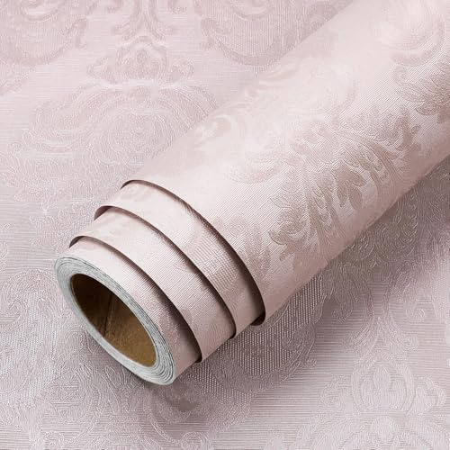 LACHEERY Papier Peint Uni Rose Texturé Tapisserie Autocollante Murale Florale Baroque 40cm x 200cm Papier Peint Adhesif Mural Chambre Rouleau Adhesif Decoratif Motif Floral pour Armoire Salon Mur