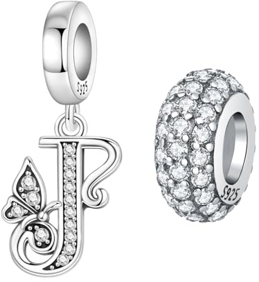 PANPOKI 2 Colgantes de letra de plata del alfabeto inicial para pulseras, colgantes, joyas, pulseras europeas, collares, joyas, regalo para mujer, Plata de ley (J-Traje)
