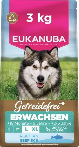 Eukanuba Croquettes Premium sans Céréales pour Chien Adulte de Grande Race – Poissons de l’océan hypoallergénique – Glucosamine, Calcium - Sac de 3 kg