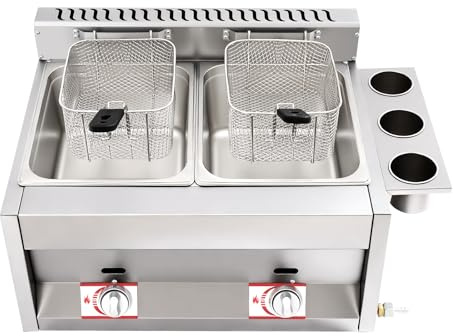 Friteuse commerciale double friteuse à gaz 6 l en acier inoxydable pour la restauration avec panier à frites et gobelet à épices, panier double, réservoir double pour frites, ailes de poulet et poulet