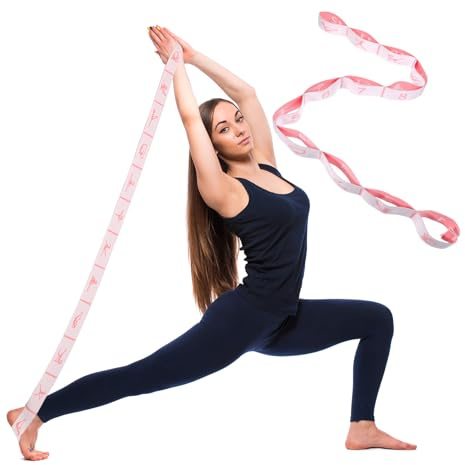 Yogagurt, 12-Schleifen Stretching Band mit Schlaufen für Yoga, Pilates & Dehnübungen, Atmungsaktiv & Elastisch, rosa