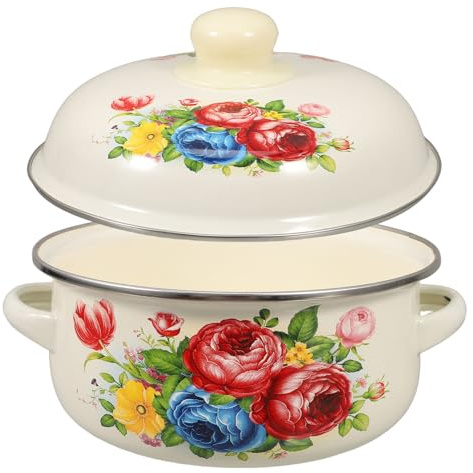 Mikinona Enamel Stockpot with Lid 1.7L Vintage Design Double Handles Soup Pot for Induction Cookers Small Thickened Cooking Pot for Stews and Milk