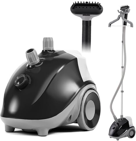 Simple Deluxe Standing Garment Steamer for Clothes with Wheels, 1500W Powerful Steam, 1.7L Water Tank for 55 Min Continuous Steaming, Adjustable Pole for Storage, Professional Wrinkle Remover, Black