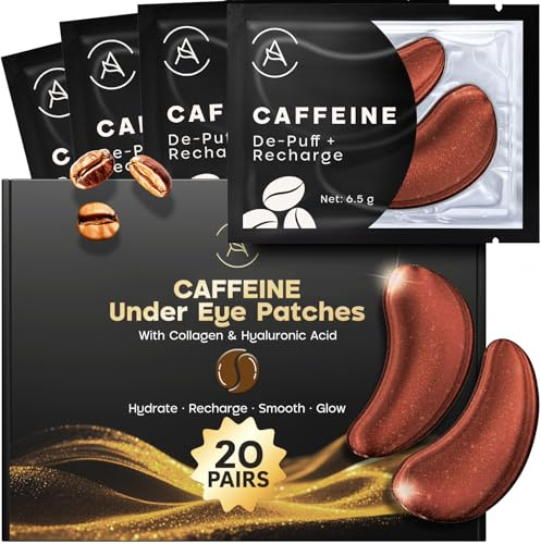 Parches Ojeras y Bolsas con Cafeína, Niacinamida, 20 Pares | Con Ácido Hialurónico, Aceite de Ricino y Colágeno Hidrolizado, Hidrata, Refresca la Mirada, Apto para Pieles Sensibles