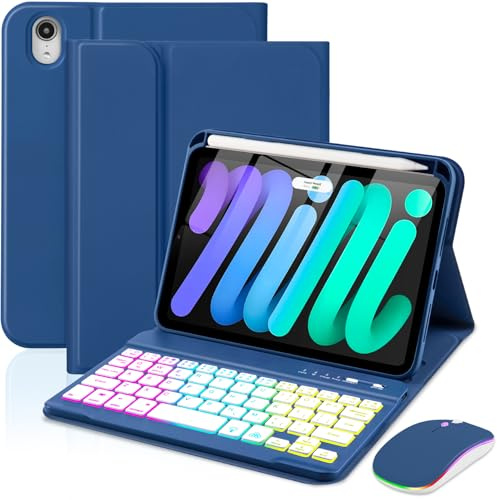 EAMPANG Funda con teclado y mouse para iPad mini de 7ª (A17 Pro, 2024)/6ª generación de 8.3 pulgadas, retroiluminación arcoíris de 7 colores, teclado USB-C desmontable, funda magnética con ranura para