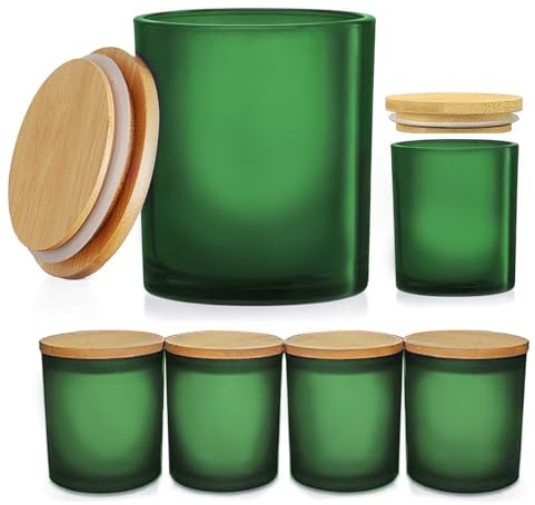 7oz Glass Candle Jars for Candle Making with Bamboo Lids - Set of 6 Heat-Resistant Empty Jars for DIY Soy Wax and Craft Projects (Green)