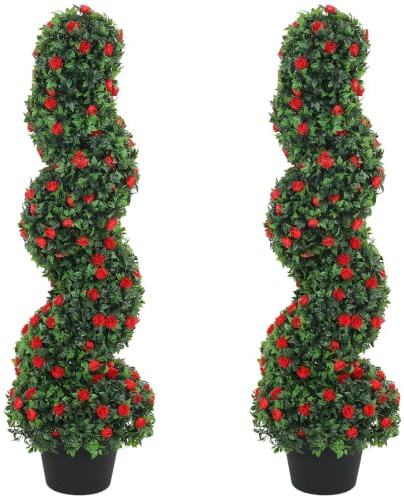 HOMCOM Artificial Rose Topiary Tree Spiral in Pot Set of 2 90cm Red | UV-Cut, 630 Leaves, 133 Flowers, Artificial Trees, Fake Plants, Indoor Outdoor Decor