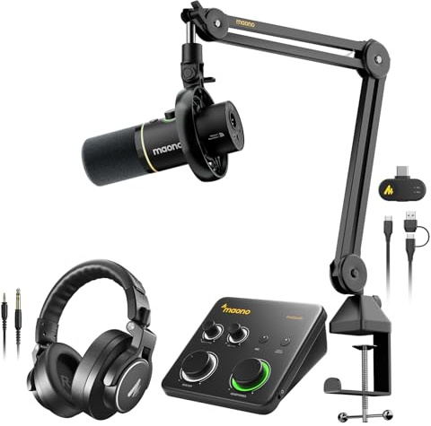 MAONO PD200W Hybrid kabellos, USB/XLR Podcast Mikrofon für PC mit PS22 Lite Audio Interface, MH700 Studio kopfhörer, Podcast-Aufnahme Set