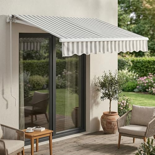 [en.casa] Store Banne Balcon Bitonto 250 x 200 cm à Bras Articulés avec Manivelle Protection Solaire pour Terrasse Extérieur Balcon Structure en Aluminium Résistant Aux Intempéries Gris Blanc