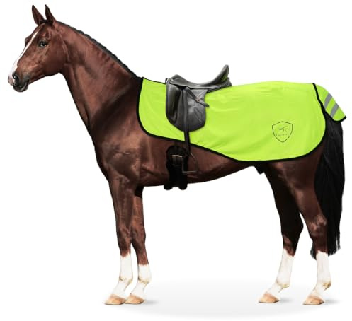 Equinate Ausreitdecke Reflective L - Mit reflektierenden Streifen - Atmungsaktives Fleeceinnenfutter - Schweiflatz und Schweifkordel - Für Pferd und Pony