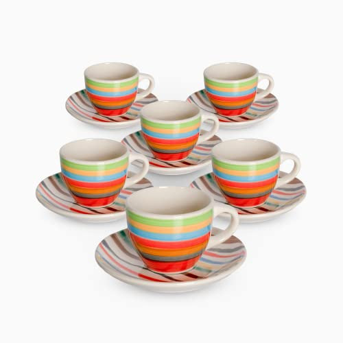 Set Tazzine da Caffè con Piattino in Porcellana Colorate righe Servizio Completo da 12 Pezzi di cui 6 Tazzine e 6 Piattini Lavabili in Lavastoviglie