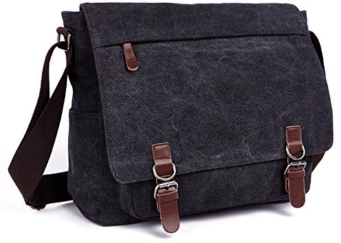 LOSMILE Umhängetasche Herren Schultertasche 16 Zoll Kuriertasche Canvas Laptop Tasche Messenger Bag für Arbeit und Schule. (Schwarz)