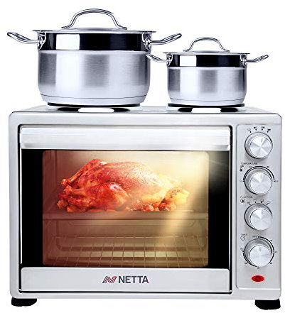 NETTA 35L Electric Mini Oven with Double Hotplate, Multiple Cooking Functions & Grill, Adjustable Temperature Control, 120 Minute Timer, Accessories Included