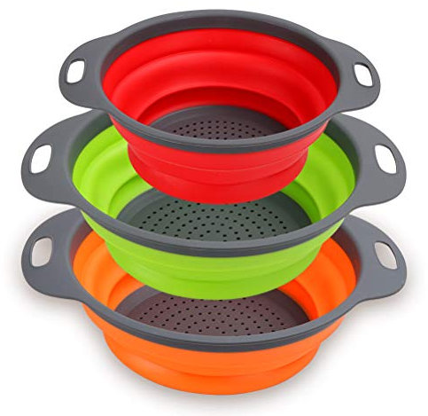 Collapsible Colander Set of 3 - Silicone Kitchen Strainers with Plastic Handles - 4 Quart & 2 Quart Sink Colander for Draining Pasta, Vegetables, Fruits (Green, Orange, Red)